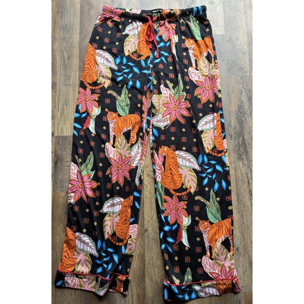 Room Service Pajama Pants Black w/ Floral Tiger Drawstring. Women's Sz Large.